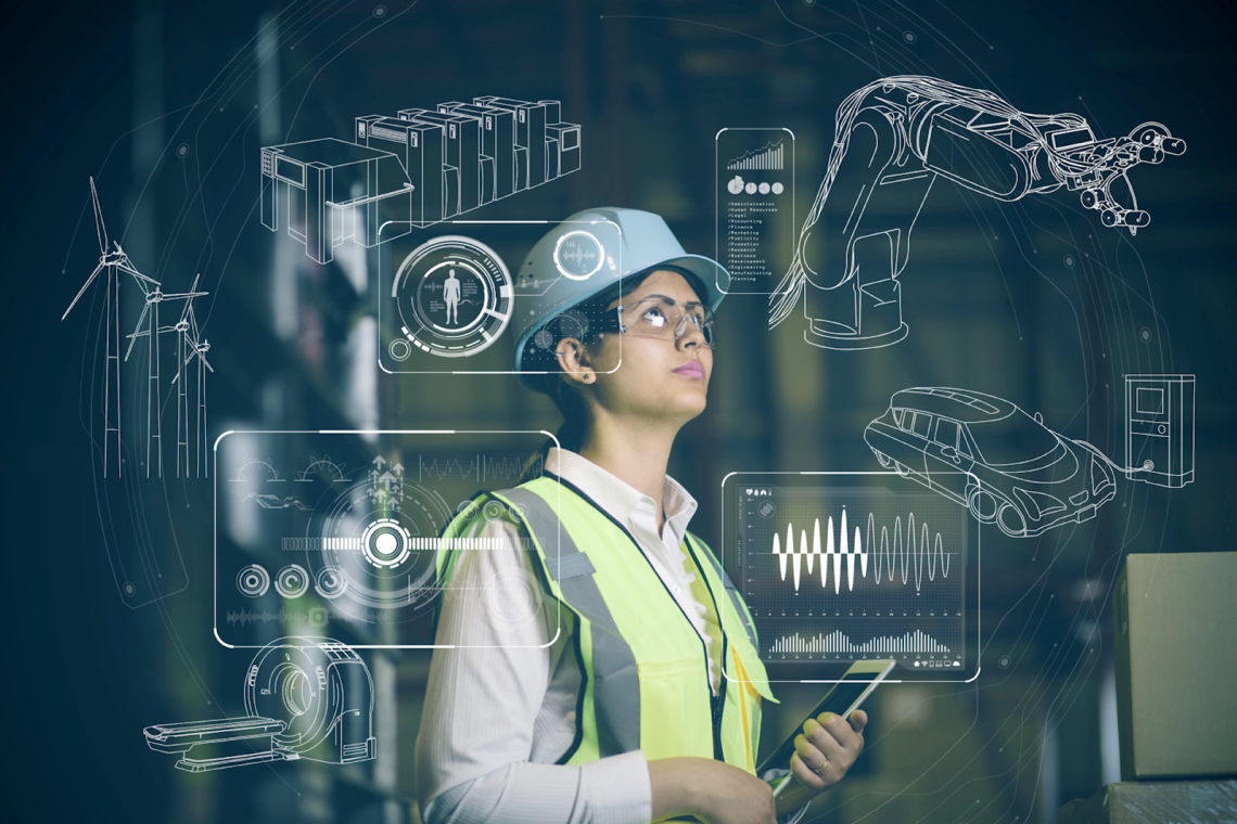 Woman in hardhat and high-vis vest deep in thought with schematics of high tech items superimposed over her